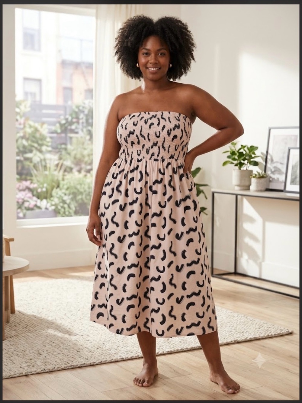 a new day Strapless Midi Dress in Blush with Black Print